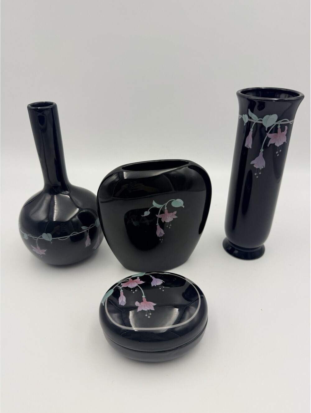 Russ Berrie Black Porcelain Trinket Dish Vase Lot Pink Floral Made in Japan VTG